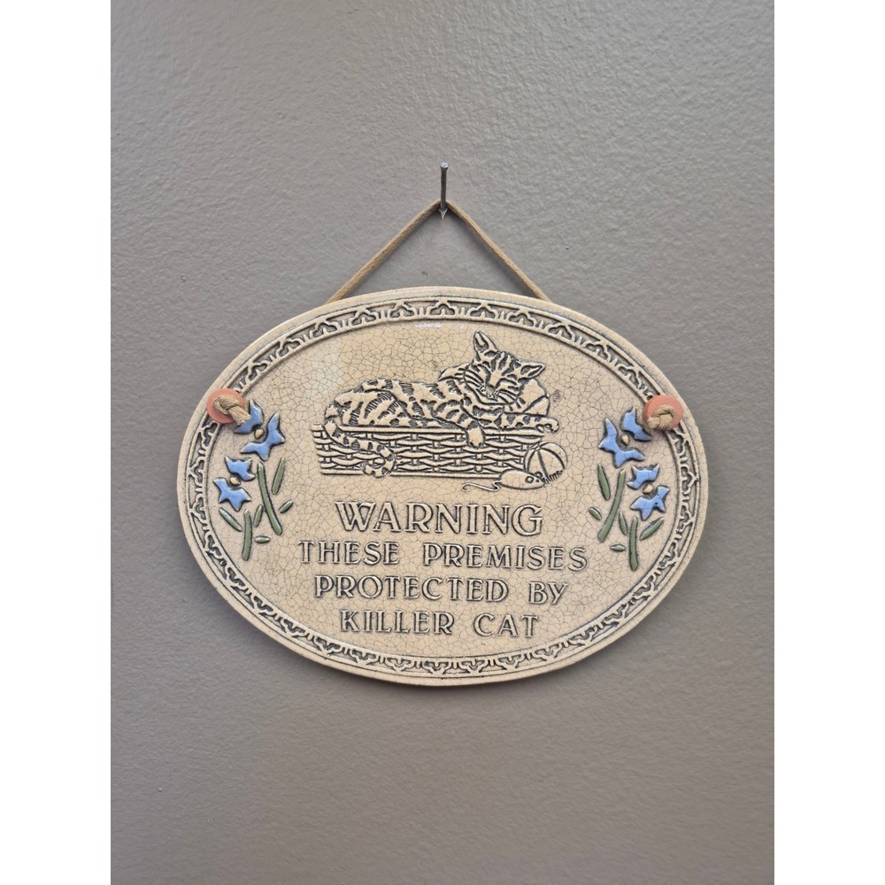 Vintage Ceramic Killer Cat Warning Sign Wall Plaque Blue Floral Crackle Glaze